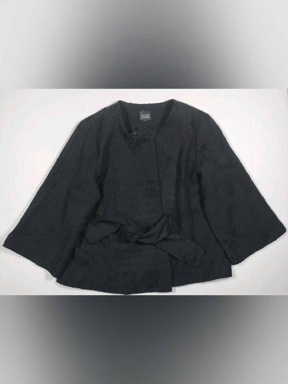 Eileen Fisher 100% Wool Black Floral Textured Silk Lined Tie Waist Jacket Size L